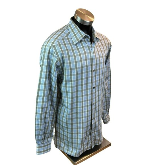 Ermenegildo Zegna Plaid Button-Up Shirt Mens Medium 100% Cotton Green & Blue Mad - Picture 3 of 10